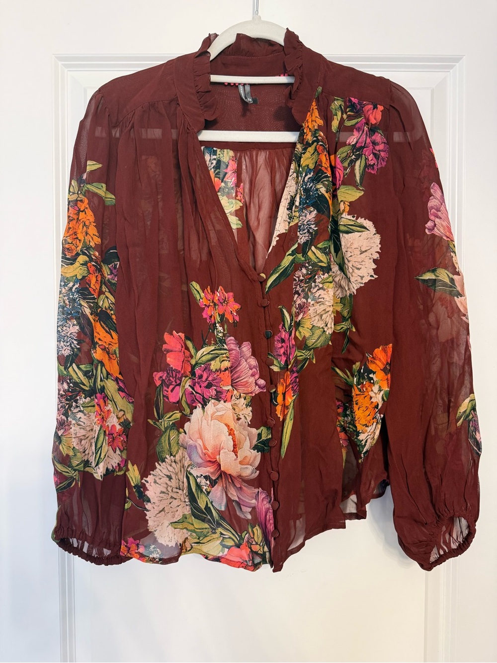 Anthropologie Estela Sheer Printed Buttoned Blouse Floral Burgundy Boho Small